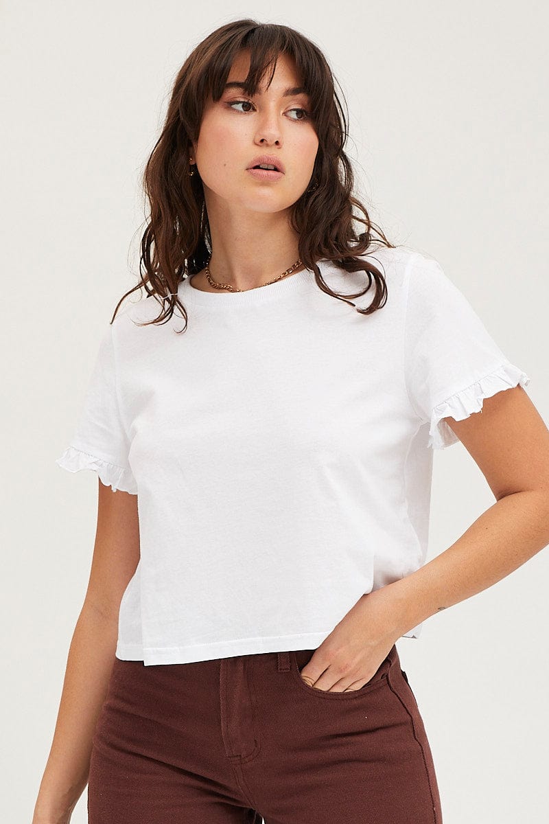White Frill Detail T Shirt Short Sleeve