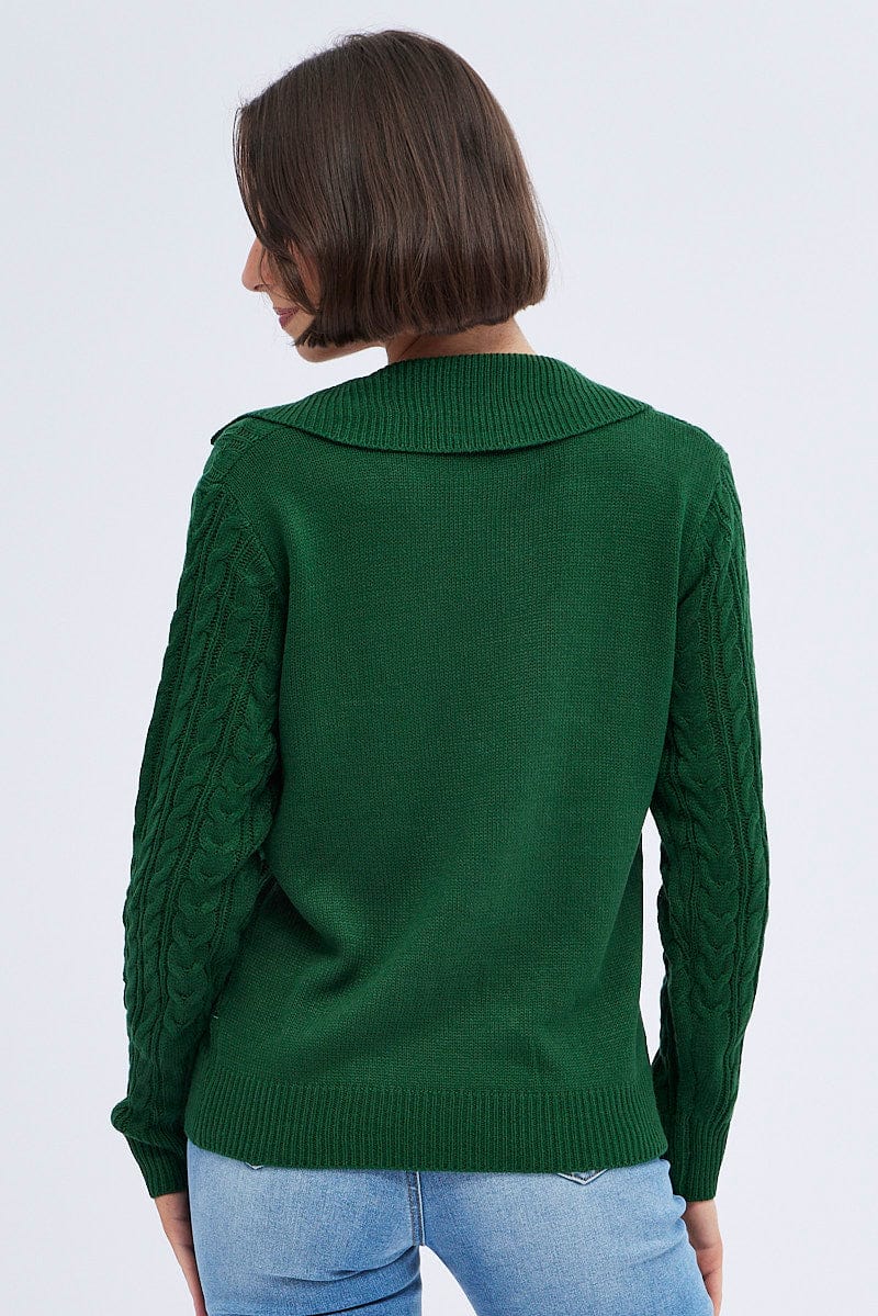 Green Knit Top Long Sleeve Collared Cable