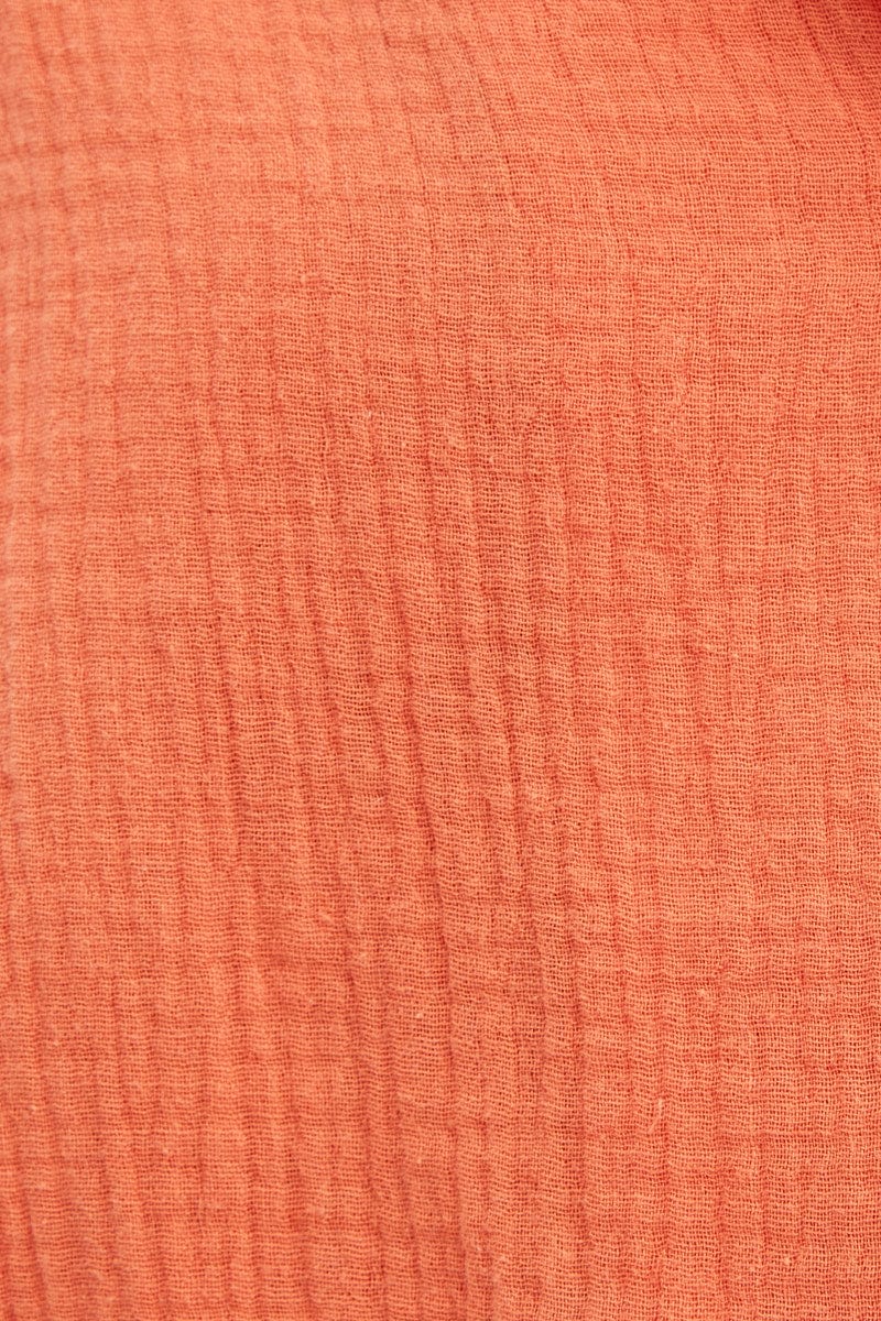 Orange Textured Shirt Short Sleeve Collared Cotton