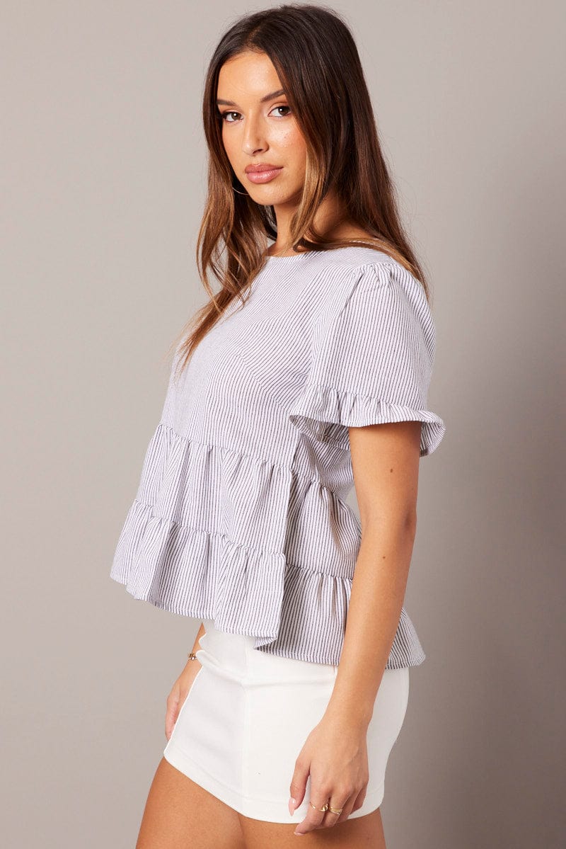 Black Stripe Ruffle Top Short Sleeve