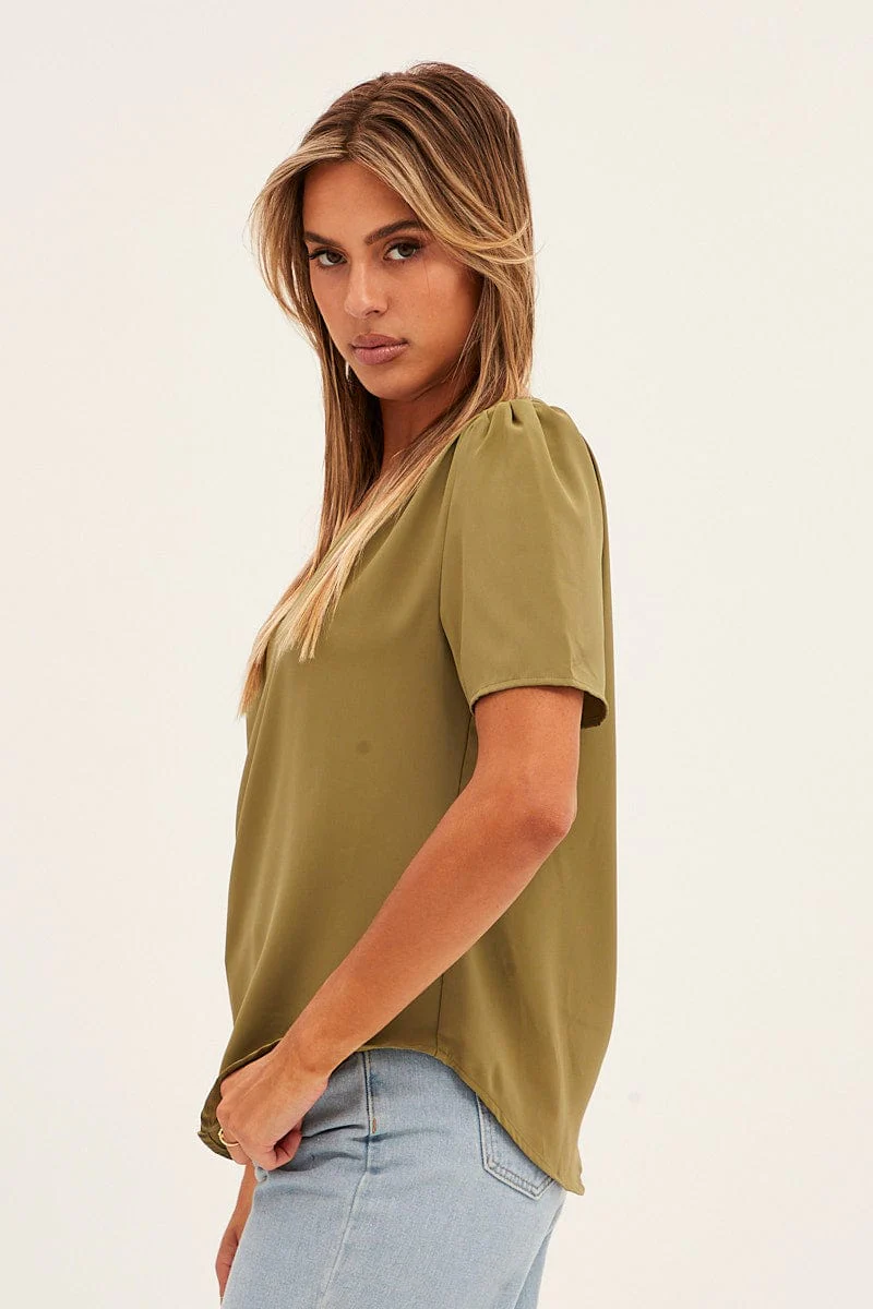 Green Workwear Printed V Neck Short Sleeve Top