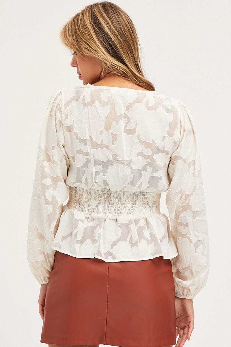 Beige Peplum Top Long Sleeve V-Neck