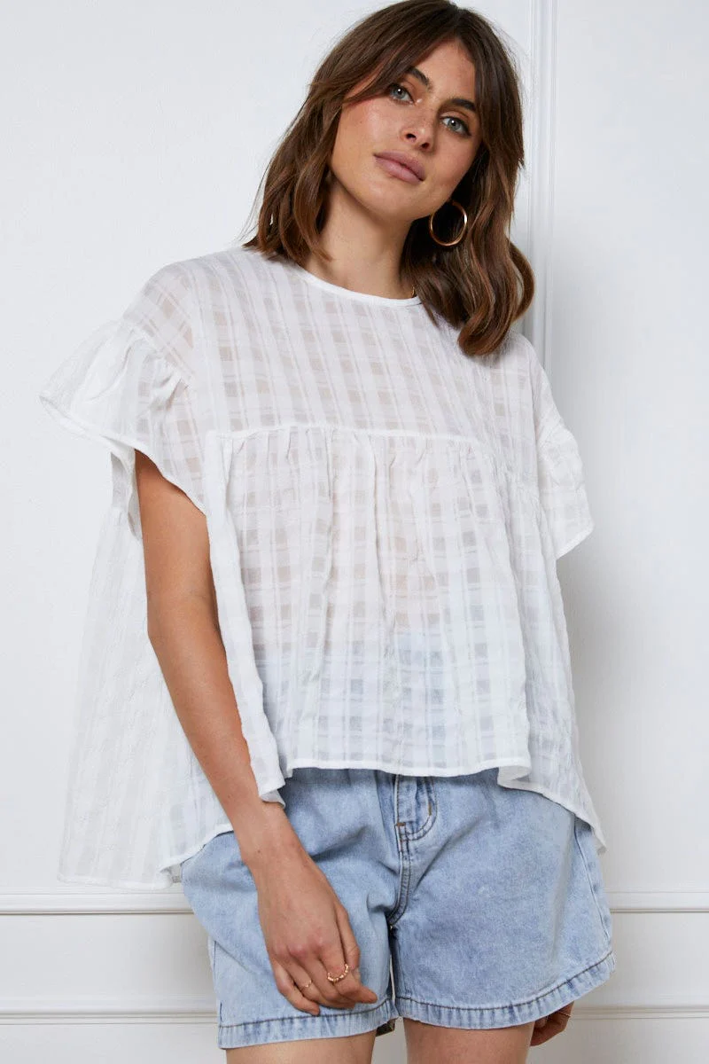 White Top Short Sleeve Crew Neck Linen