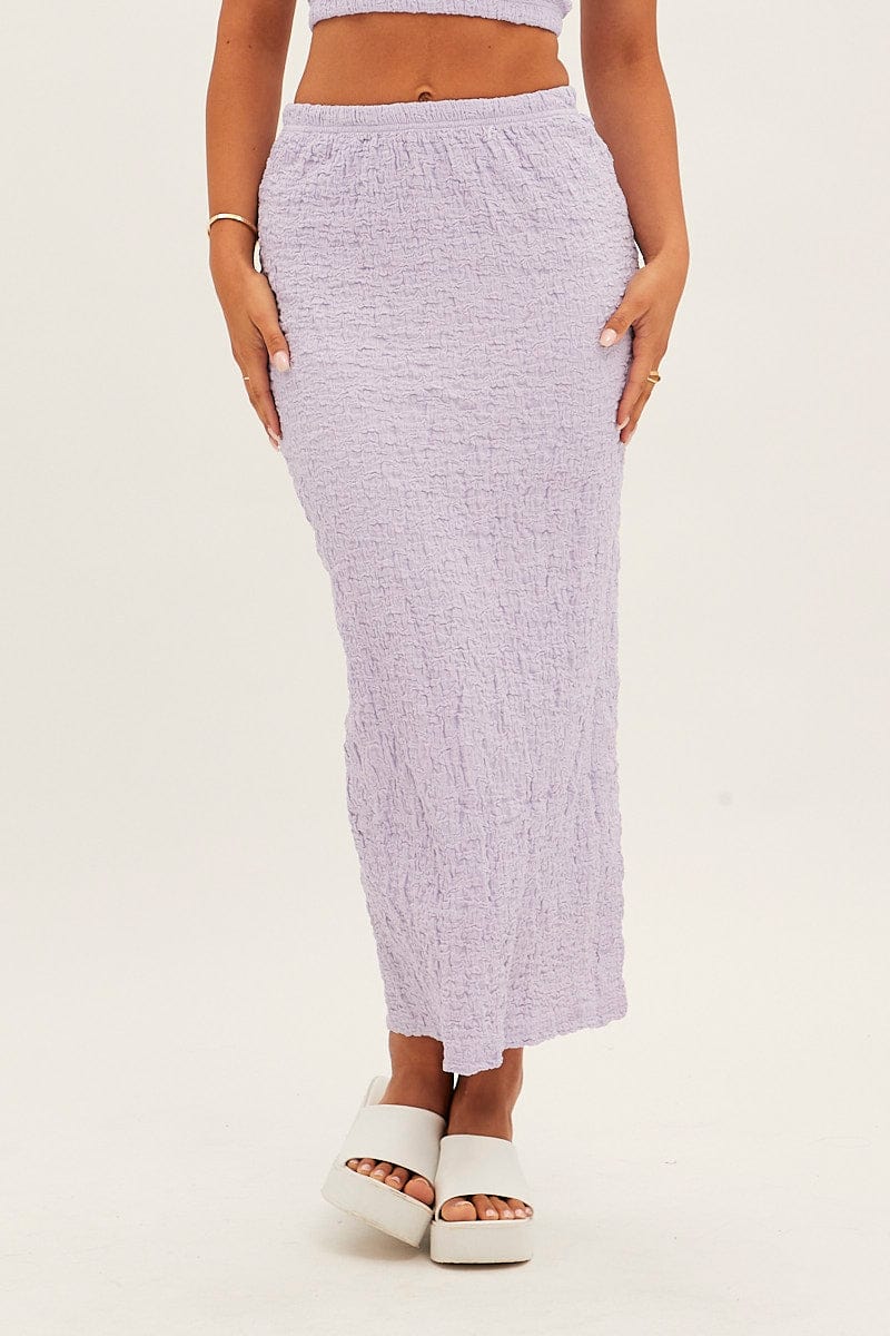 Purple Midi Skirt Elastic Waist Textured