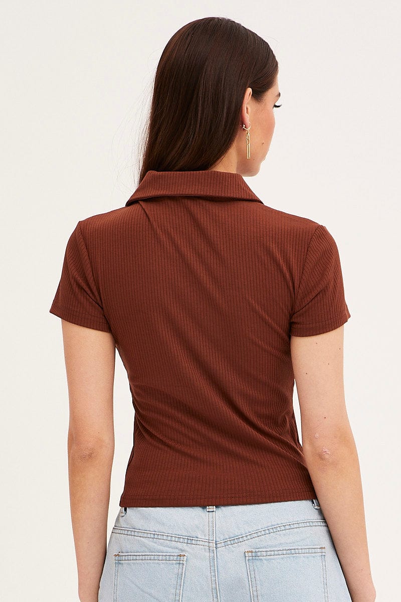 Brown Collared Top Short Sleeve Button Up Rib Jersey