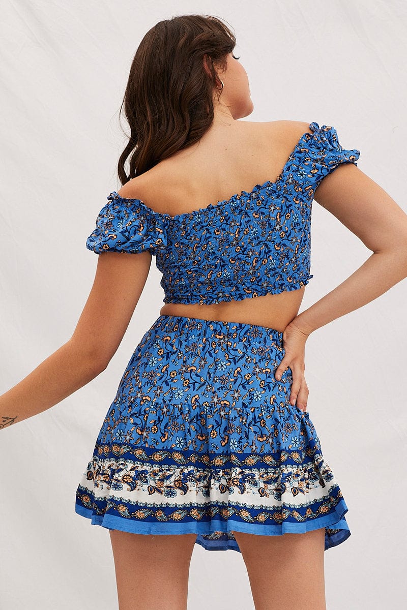 Boho Print Square Neck Puff Sleeve Shirred Crop Top