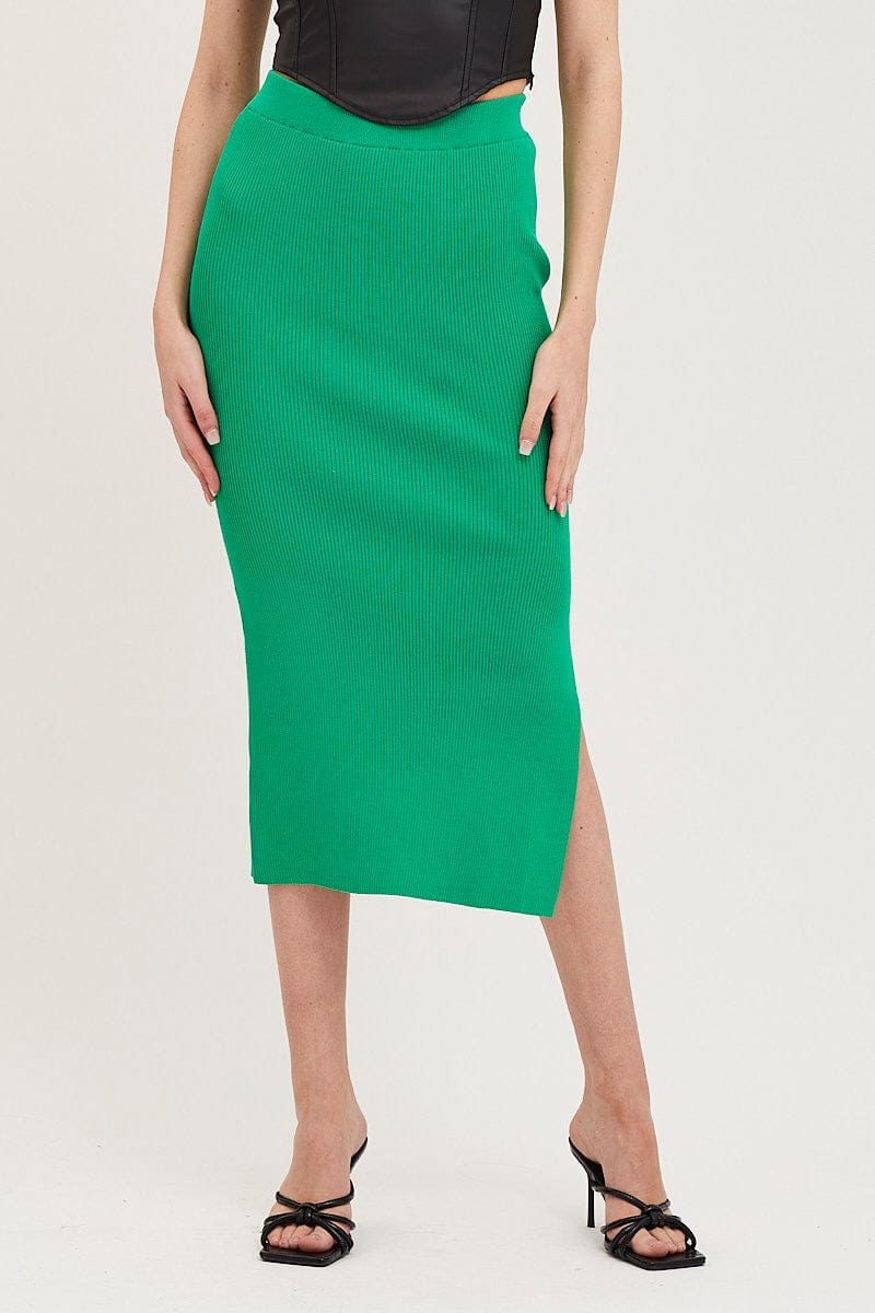 Green Knit Skirt Midi Side Split