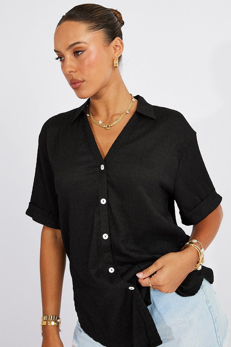 Black Textured Shirt Short Sleeve