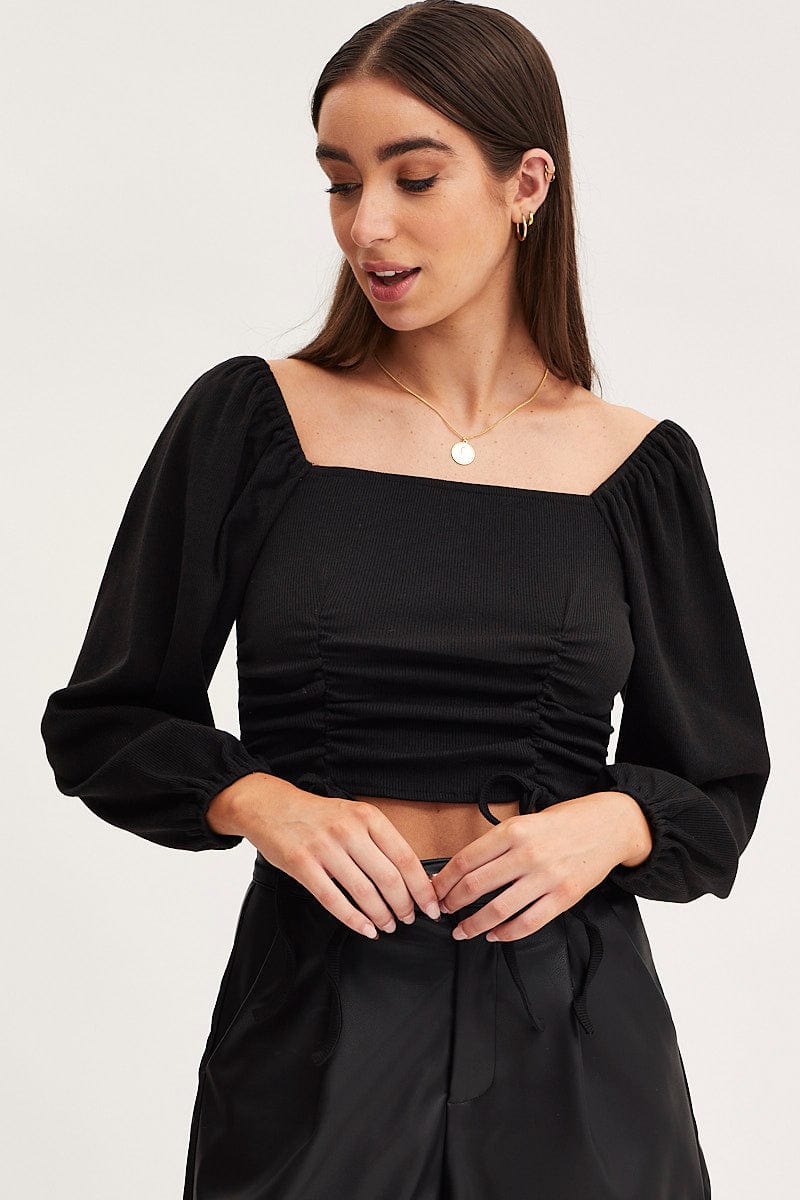 Black Ruched Crop Top Long Sleeve