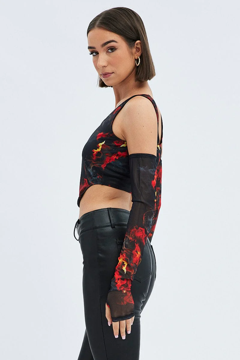 Multi Print Corset & Long Sleeve Set Scoop Neck Semi-Crop Mesh