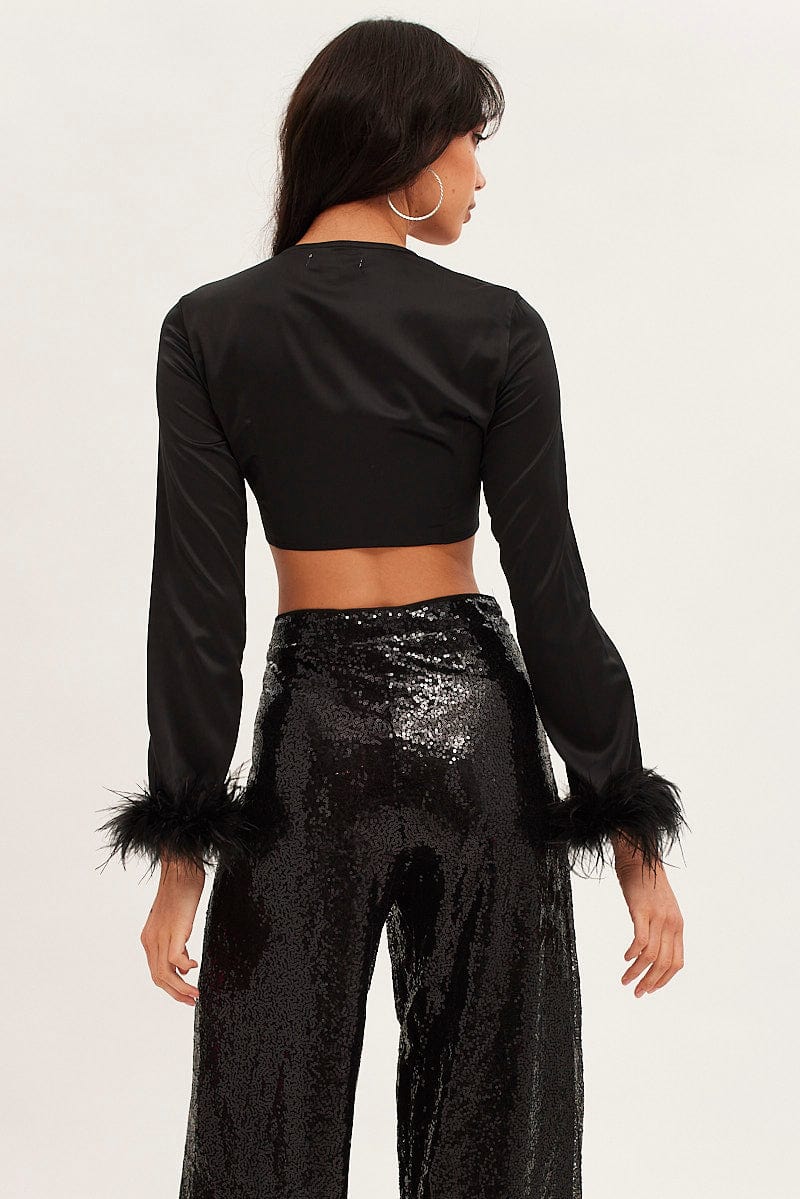 Black Tie Front Feather Bolero V Neck Satin