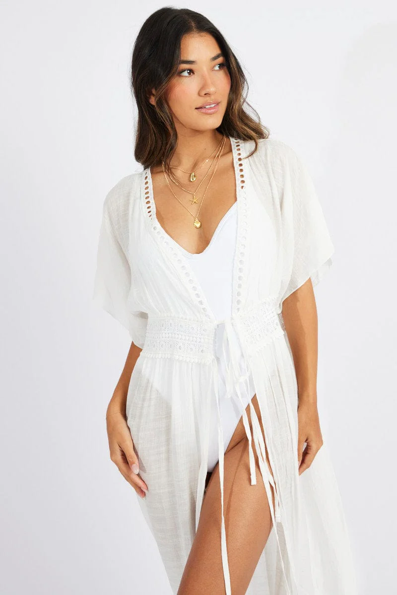 White Tie Front Kimono Short Sleeve Longline