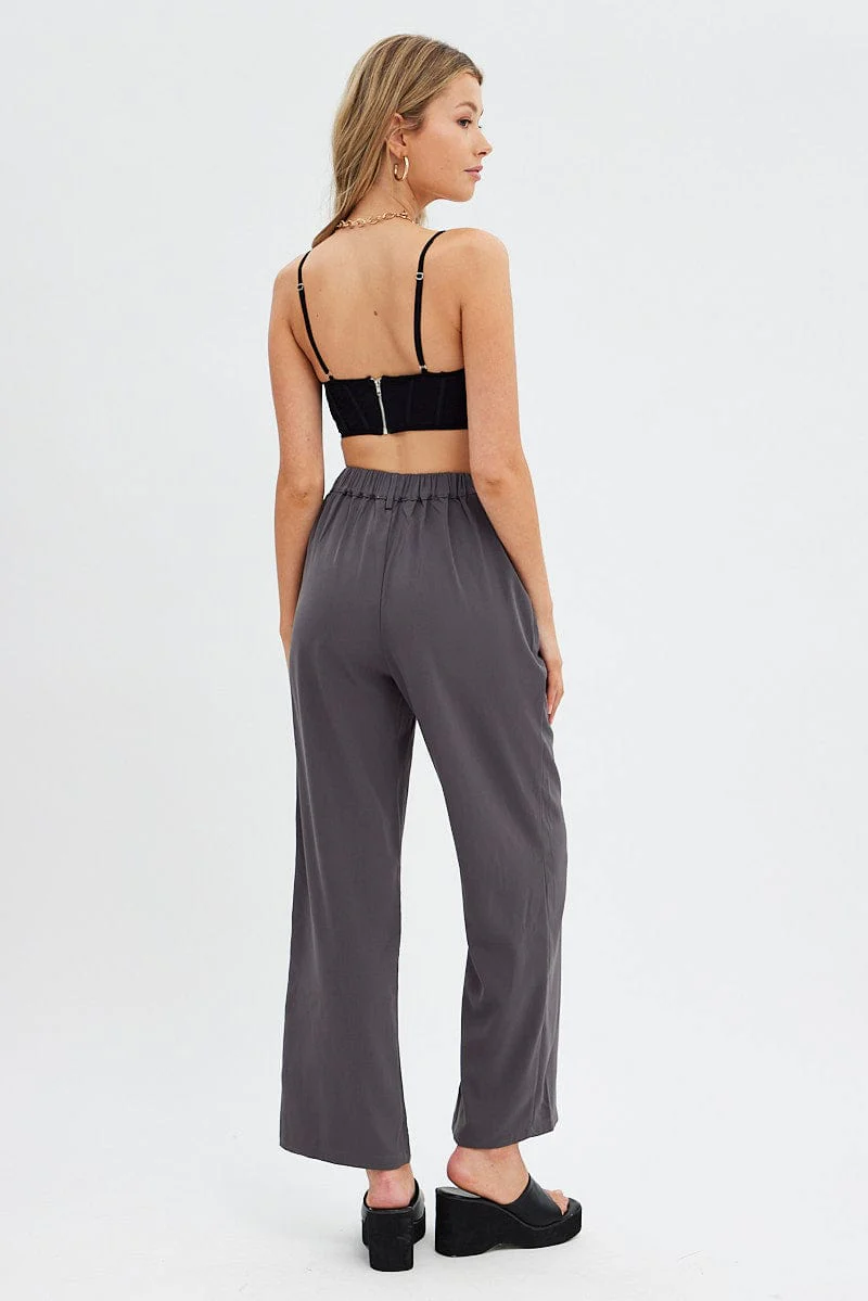 Grey Wide Leg Pants High Rise