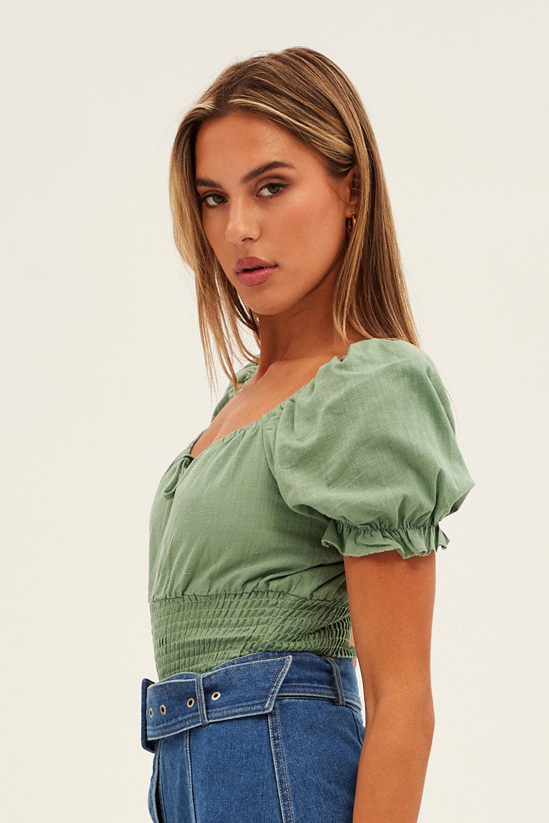 Green Bodysuit Short Sleeve Sweetheart Shirred Waist