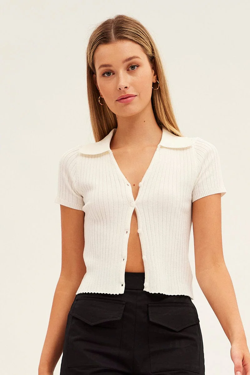 White Collar Knit Crop Cardigan Short Sleeve
