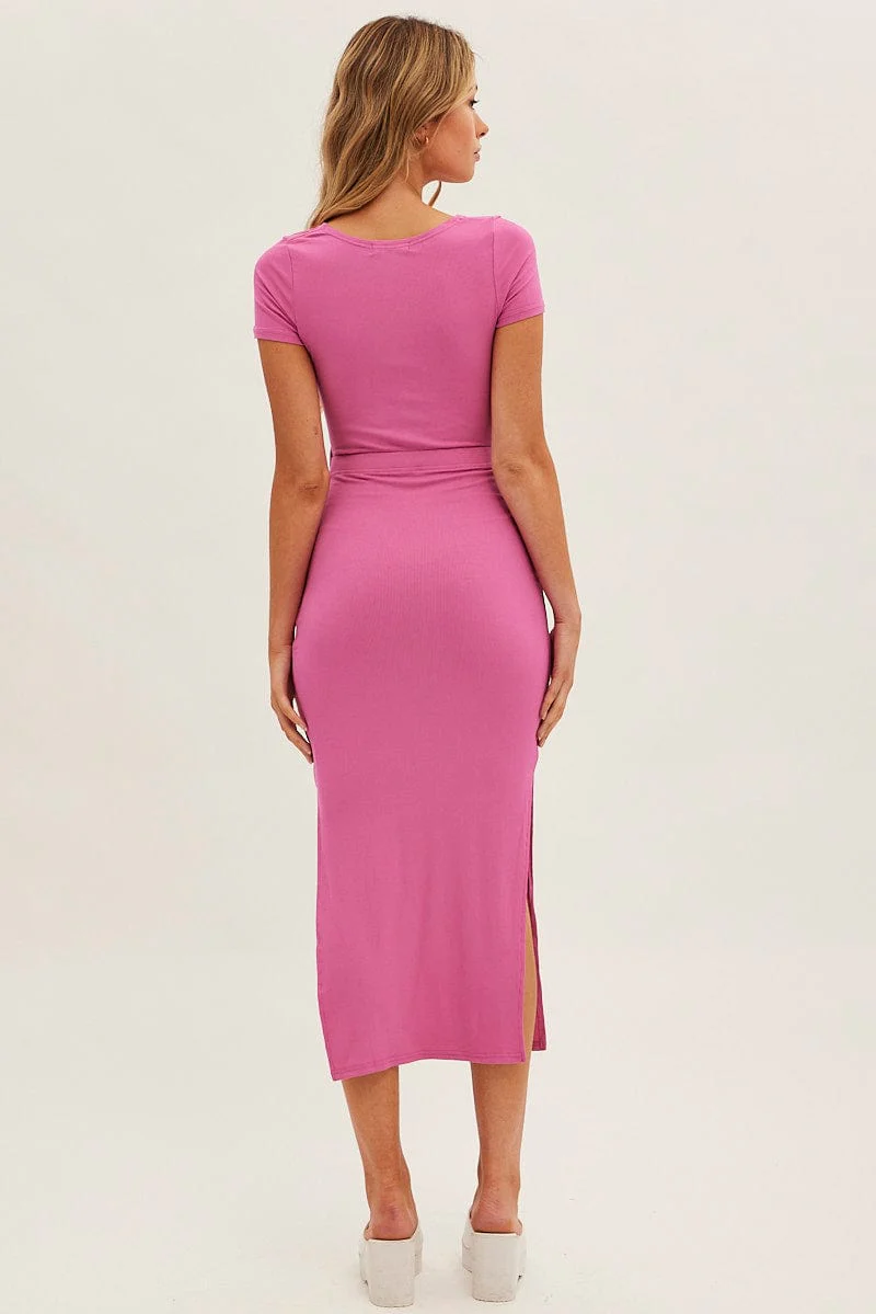 Pink Bodycon Dress Rib Twist Front Cut Out Short Sleeve