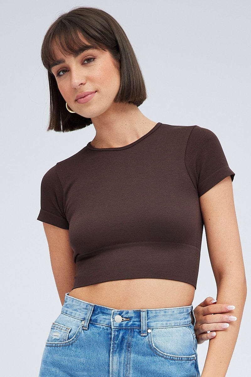 Brown T Shirt Short Sleeve Crew Neck Seamless