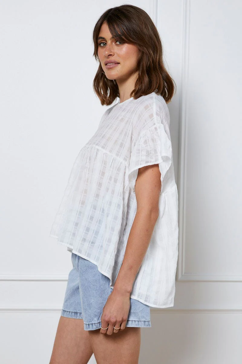 White Top Short Sleeve Crew Neck Linen