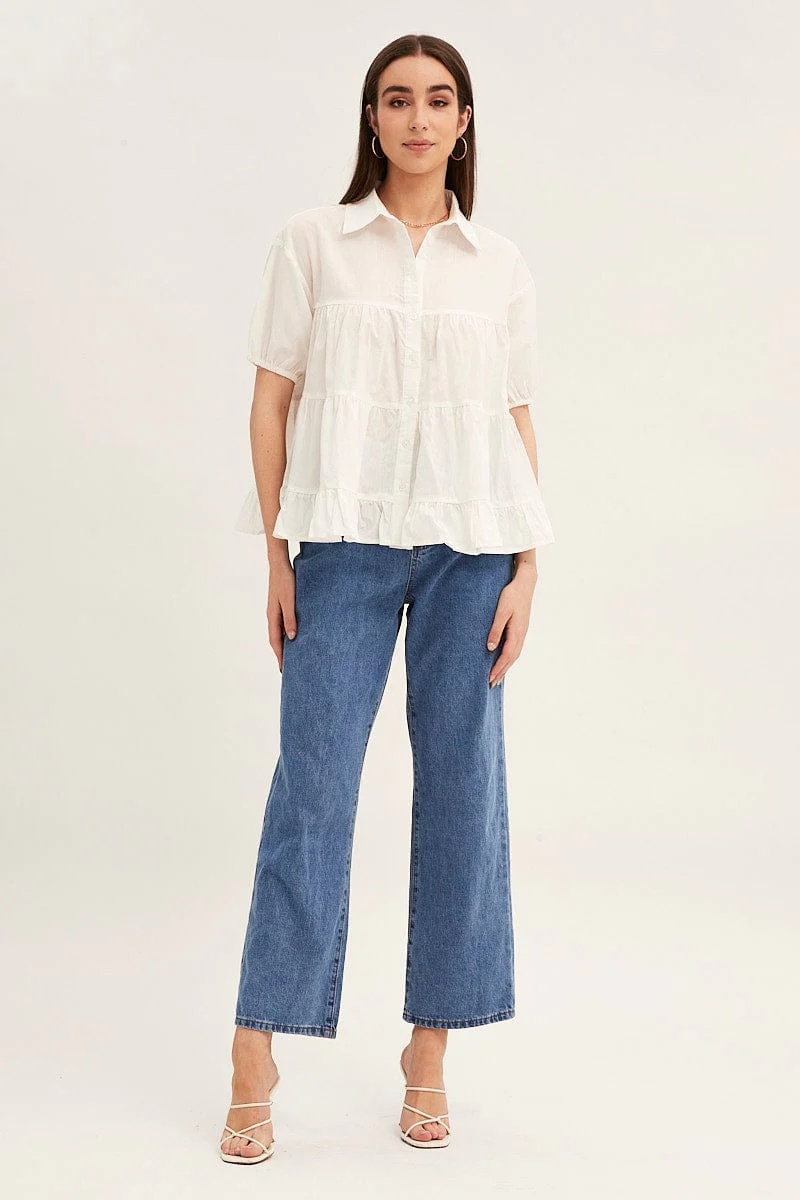 White Collared Shirt Puff Sleeve