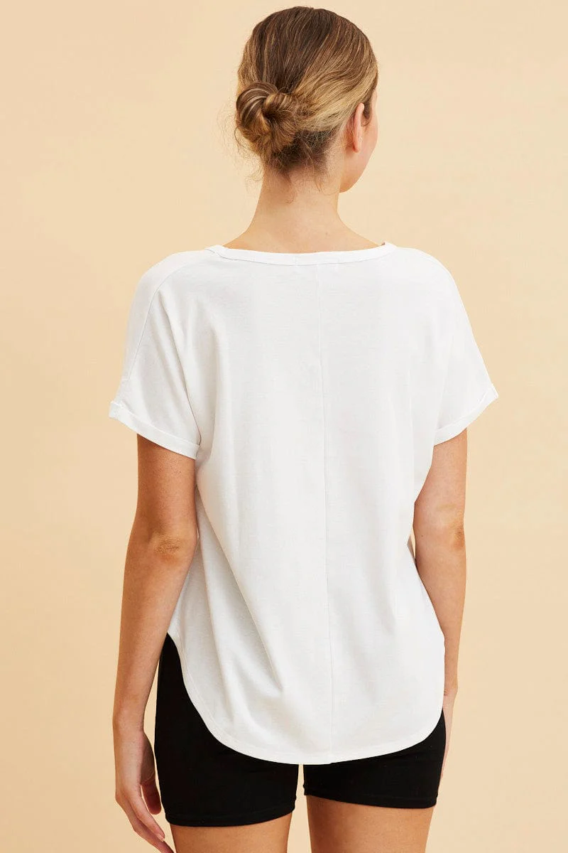 White Pocket Tee Scoop Neck Cotton Stretch Short Sleeve