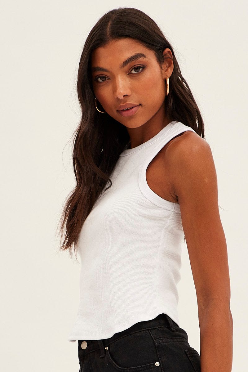 White Crew Tank High Neck Curved Hem Sleeveless