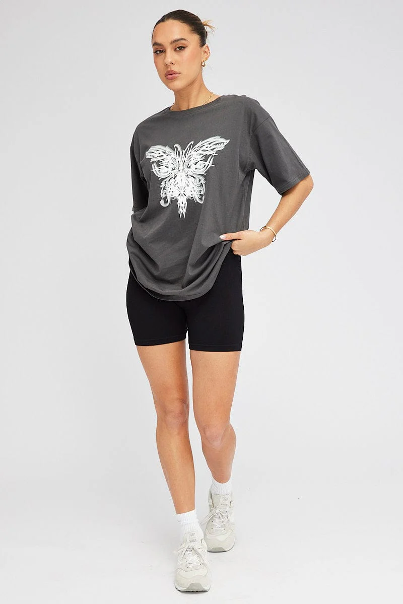 Grey Graphic Tee Short Sleeve Oversized Round Neck