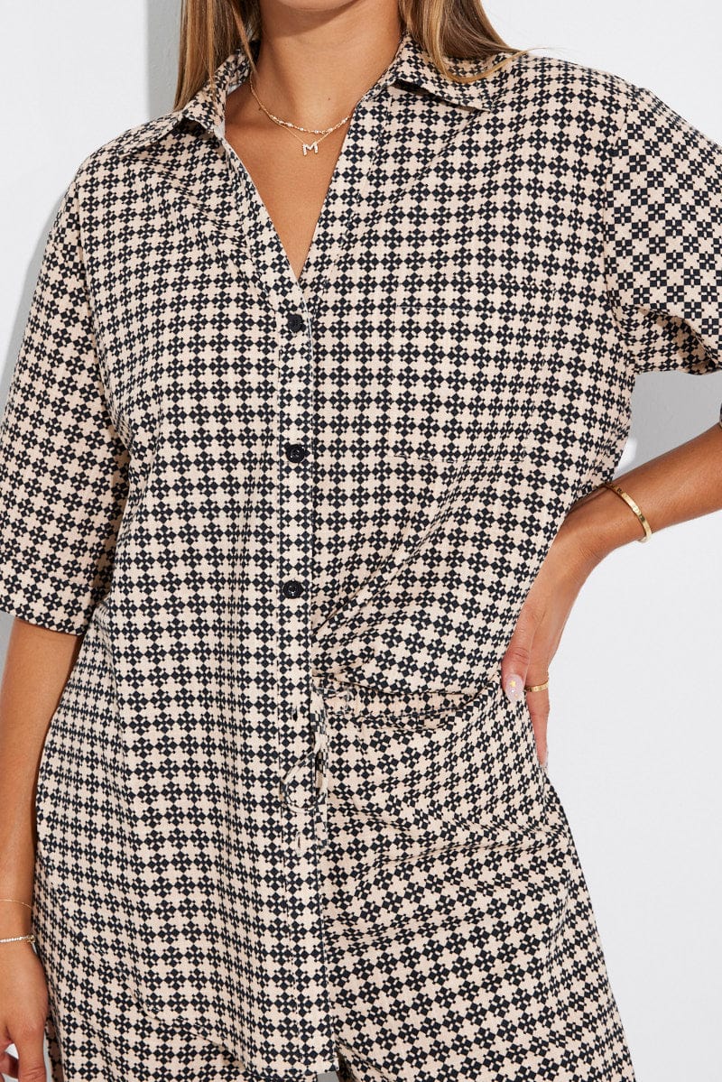 Brown Geo Shirt Short Sleeve Collared Neck