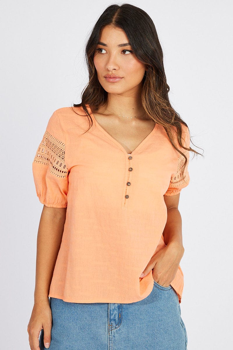 Brown Top lace details sleeve texture cotton