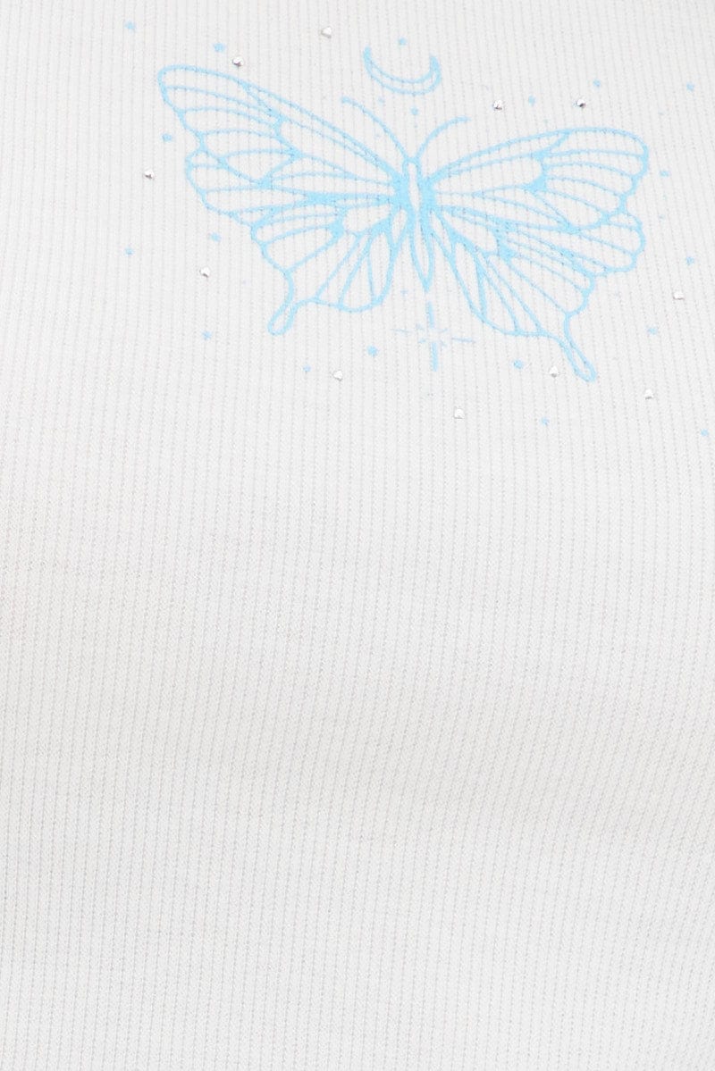 Blue Crop Top Short Sleeve Raglan Butterfly Diamantes