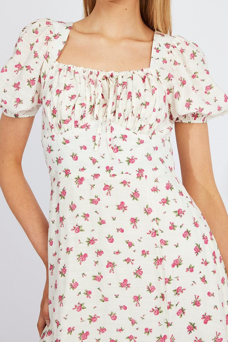 White Floral Midi Dress Puff Sleeve Midi