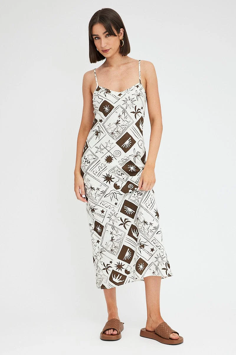 Brown Abstract Maxi Dress Bias Cut Linen Blend