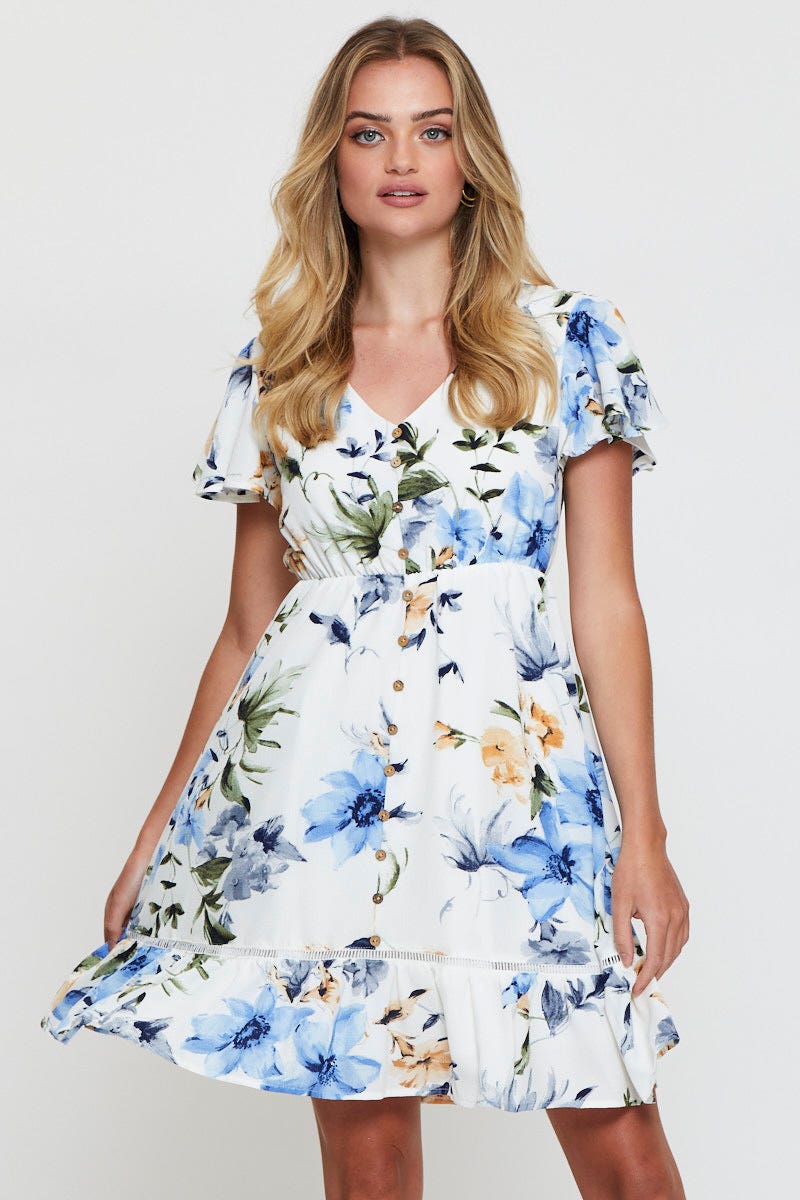 Print Fit And Flare Dress Short Sleeve Button Front