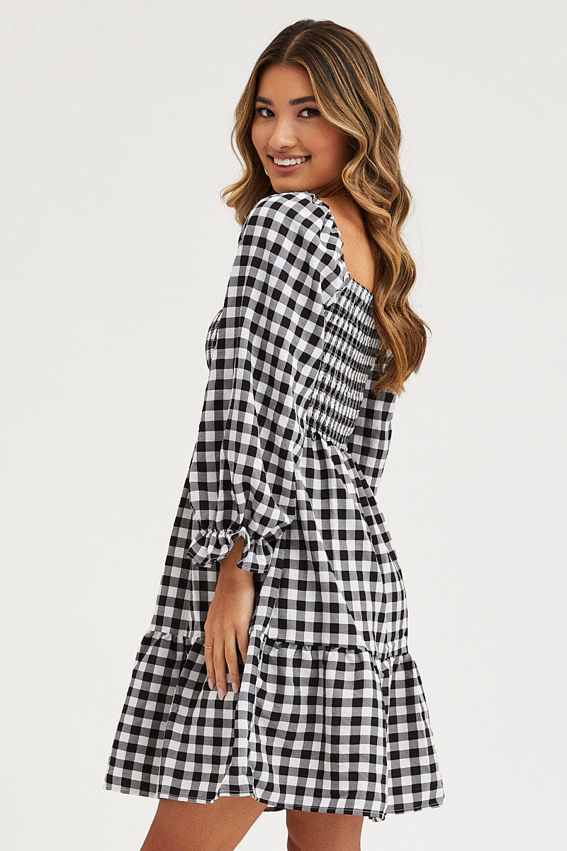 Check Skater Dress Puff Sleeve Mini