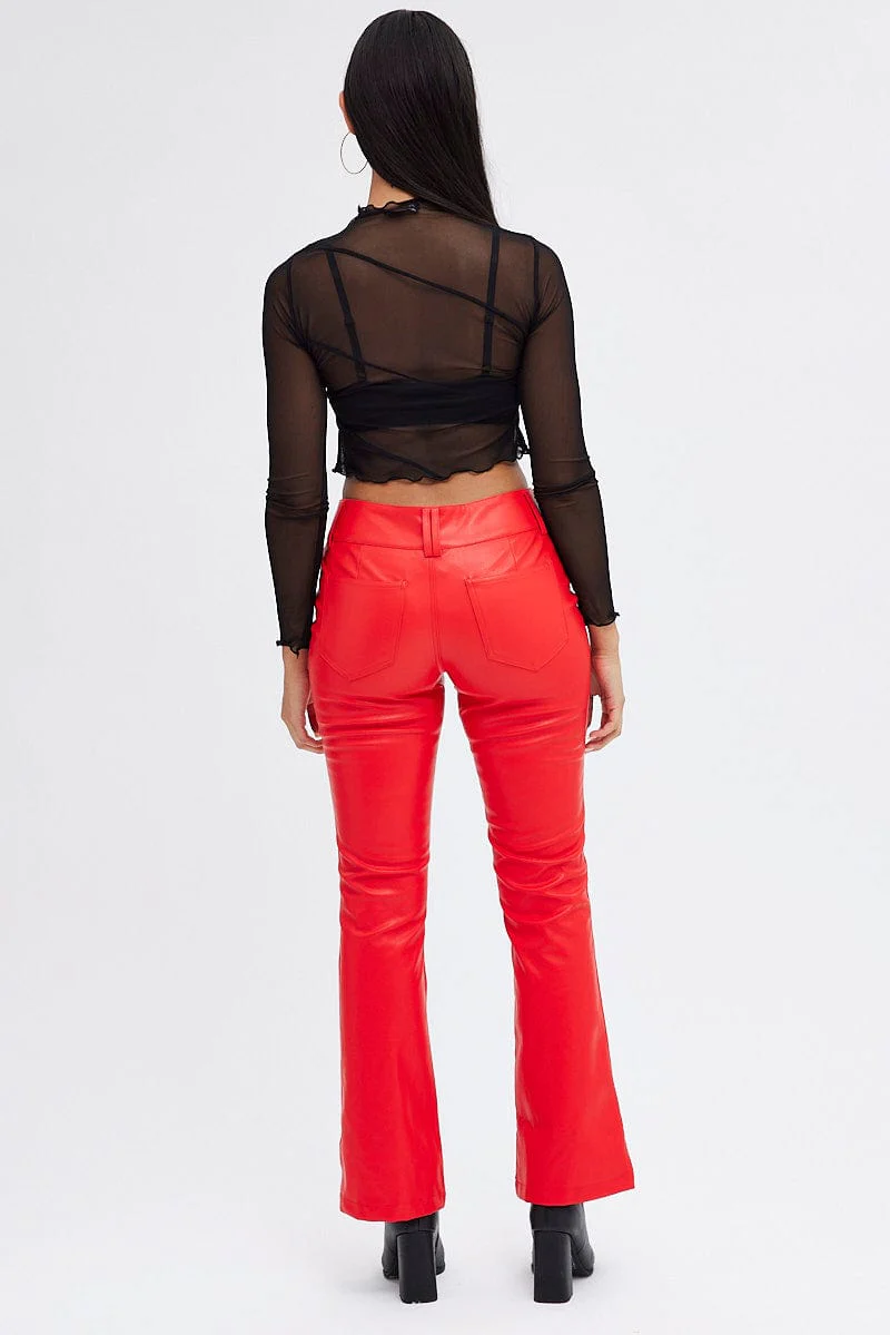 Red Flare Leg Pants Mid Rise Faux Leather