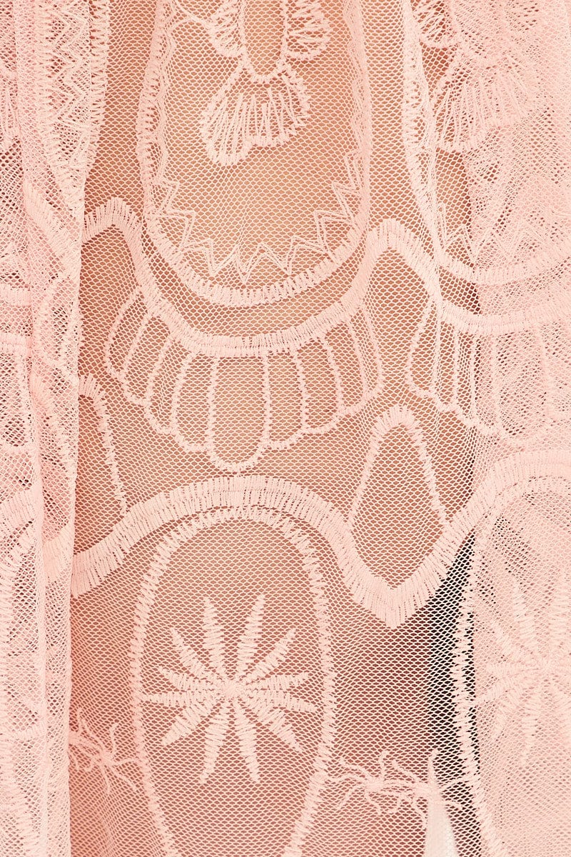 Pink Lace Kimono Short Sleeve Tie Front Longline