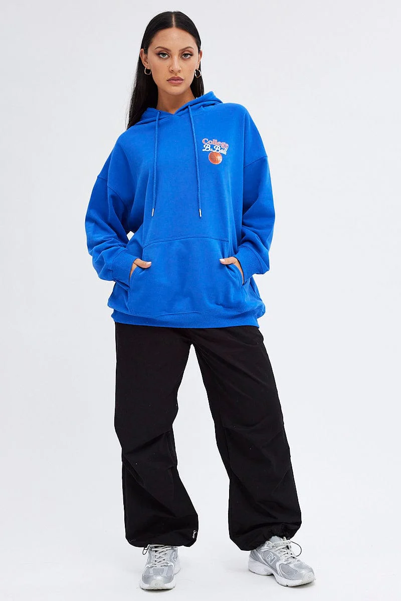 Blue Hoodie Sweater Long Sleeve Longline Basketball