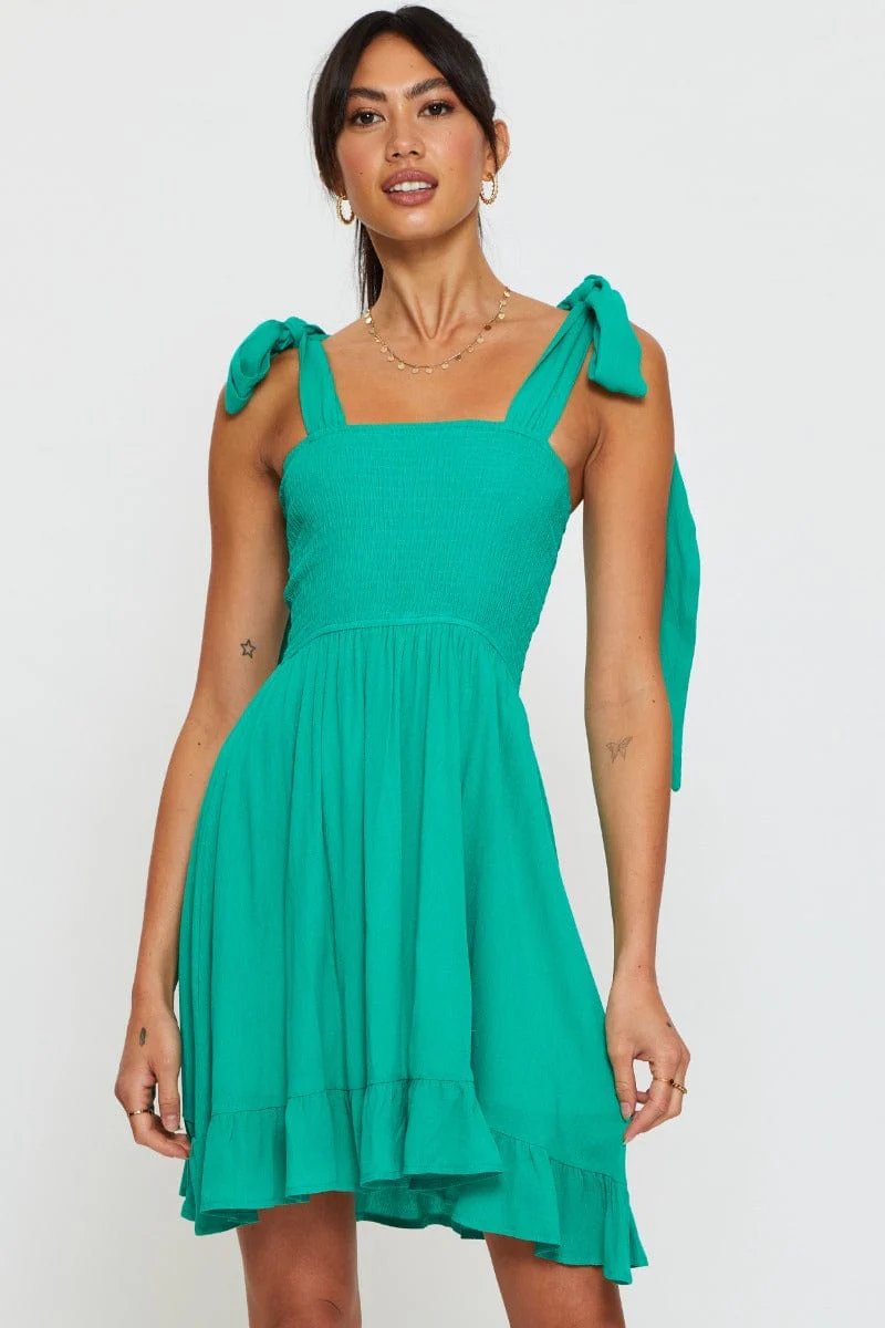 Green Fit And Flare Dress Sleeveless Tie Shoulder