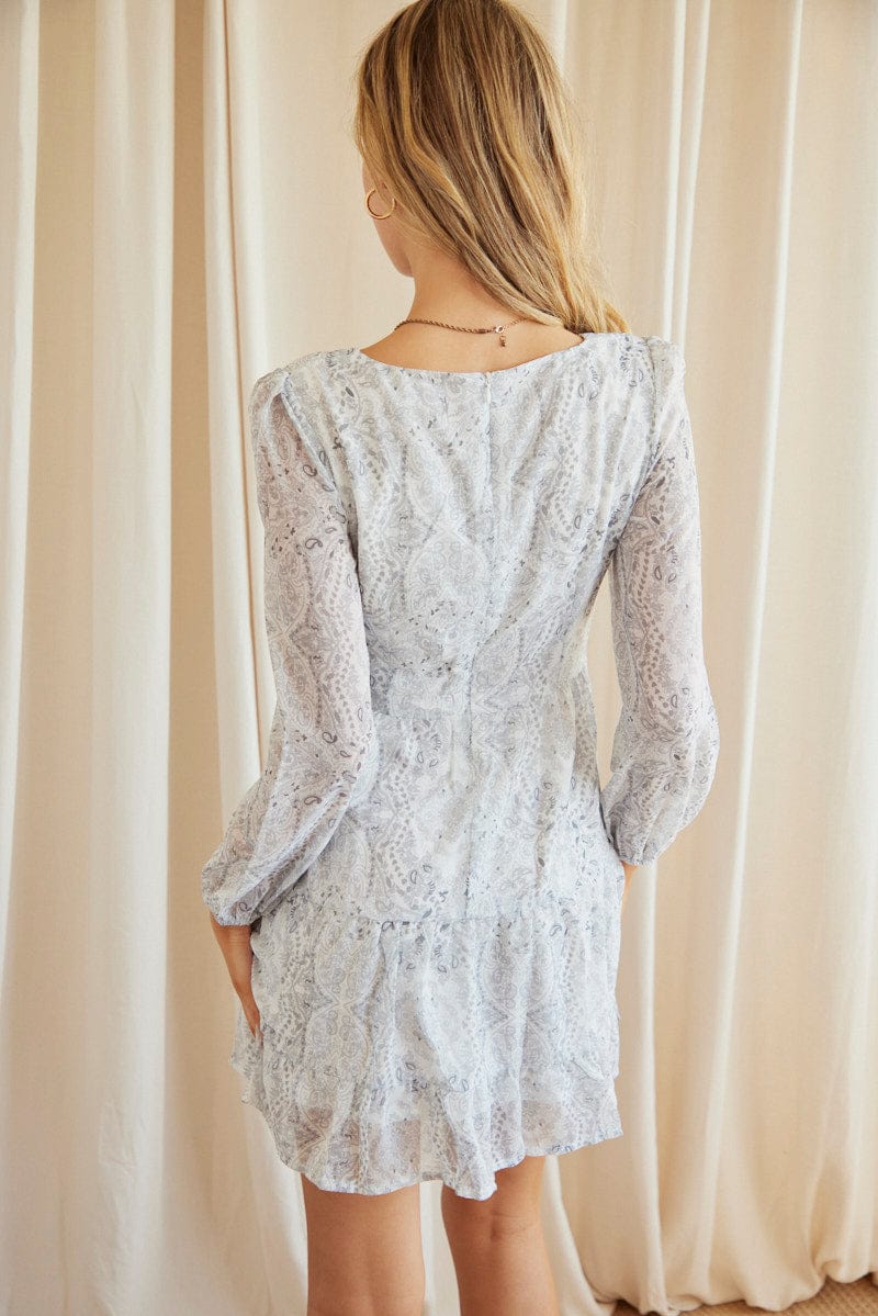 Print Mini Dress Long Sleeve Round Neck