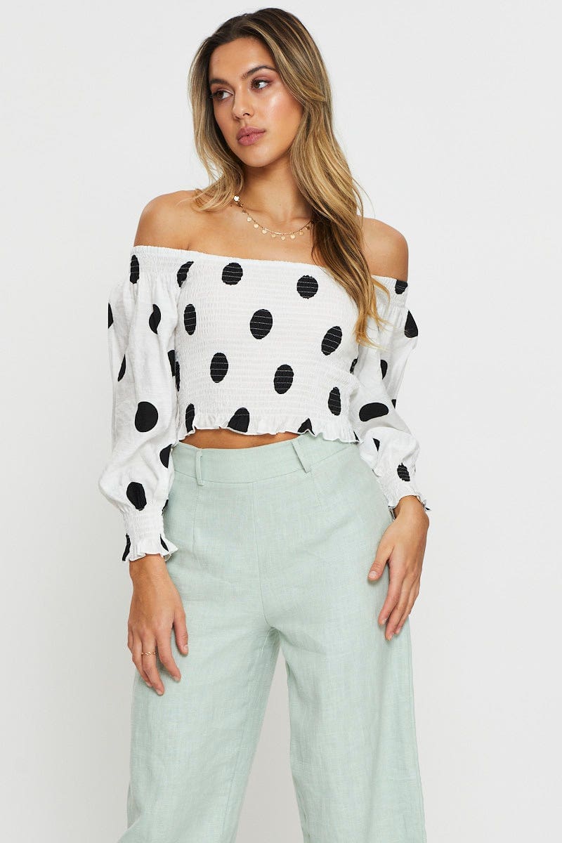 Polka Dot Crop Top Long Sleeve Off Shoulder