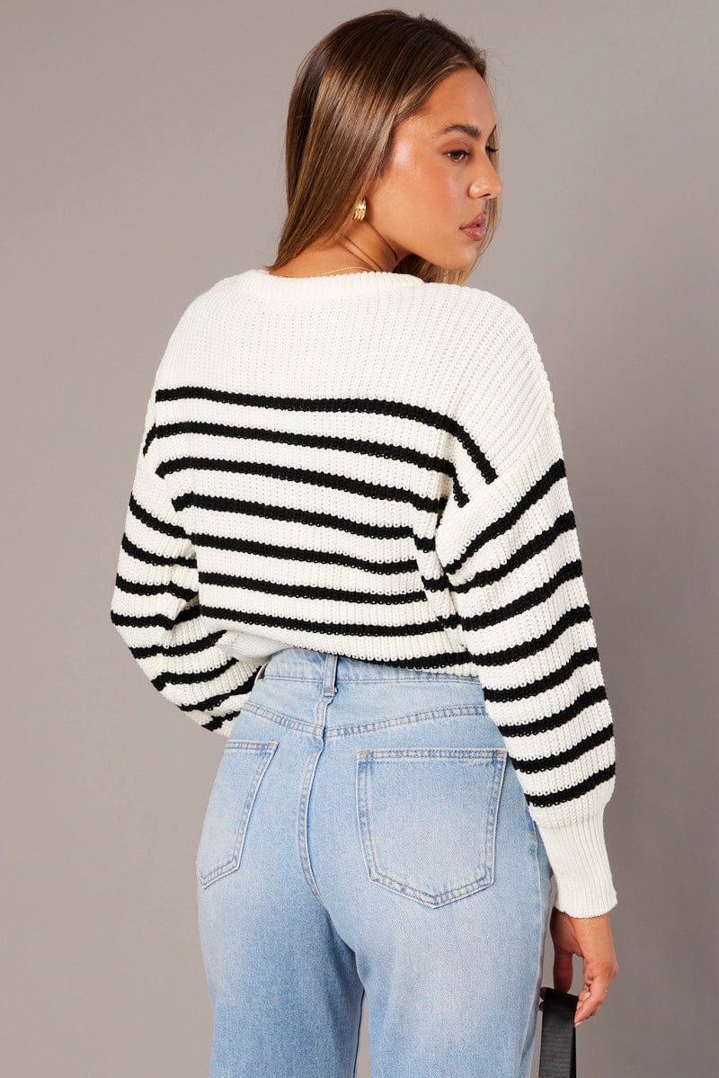 White Stripe Knit Top Long Sleeve