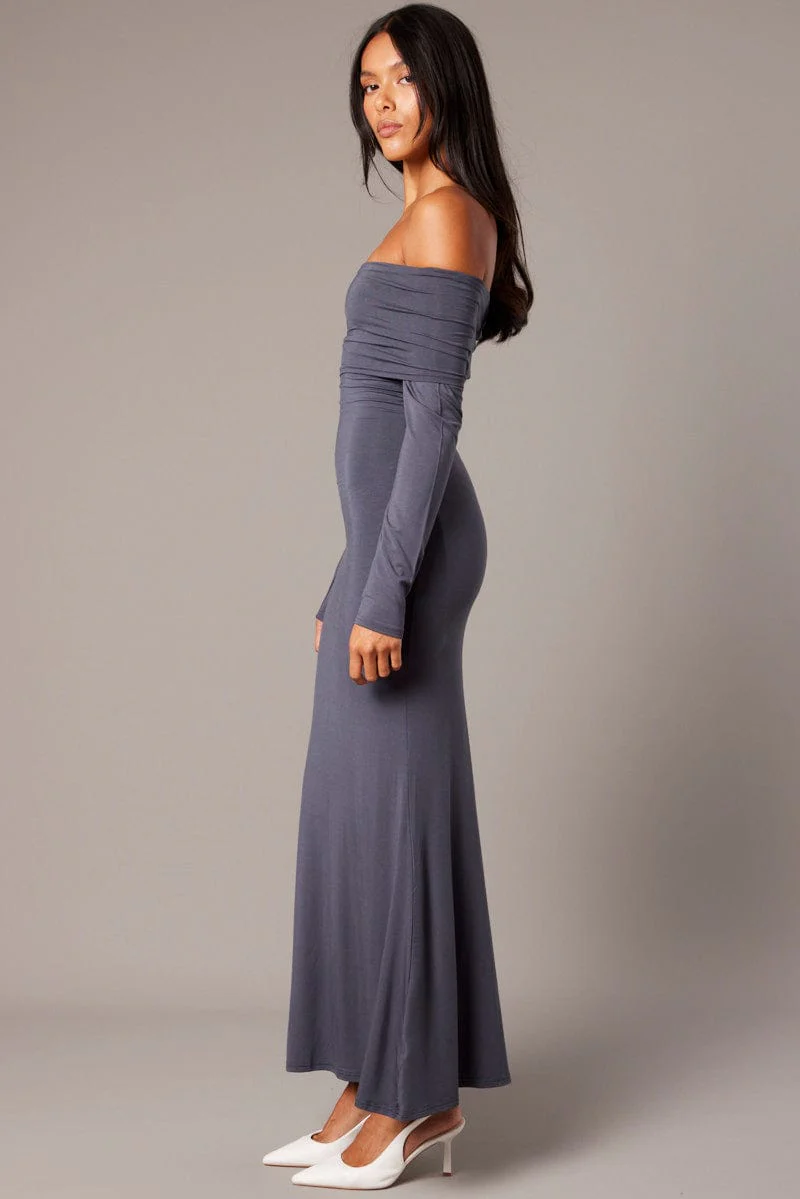Grey Off Shoulder Dress Long Sleeve  Maxi