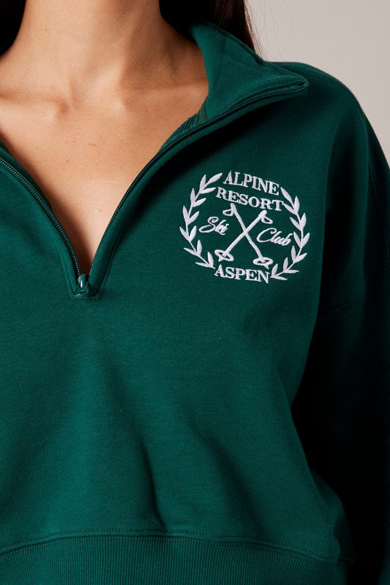 Green Zip Up Sweater Crop Long Sleeve High Neck