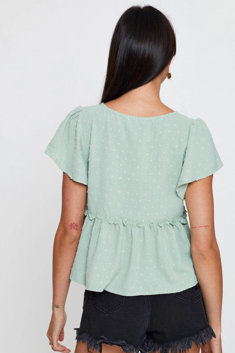 Green Peplum Top Short Sleeve Button Front