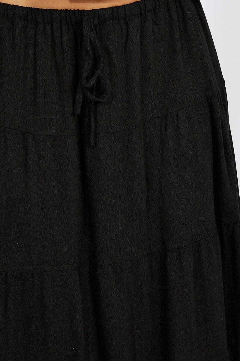 Black Maxi Skirt Tiered High Rise Linen Blend