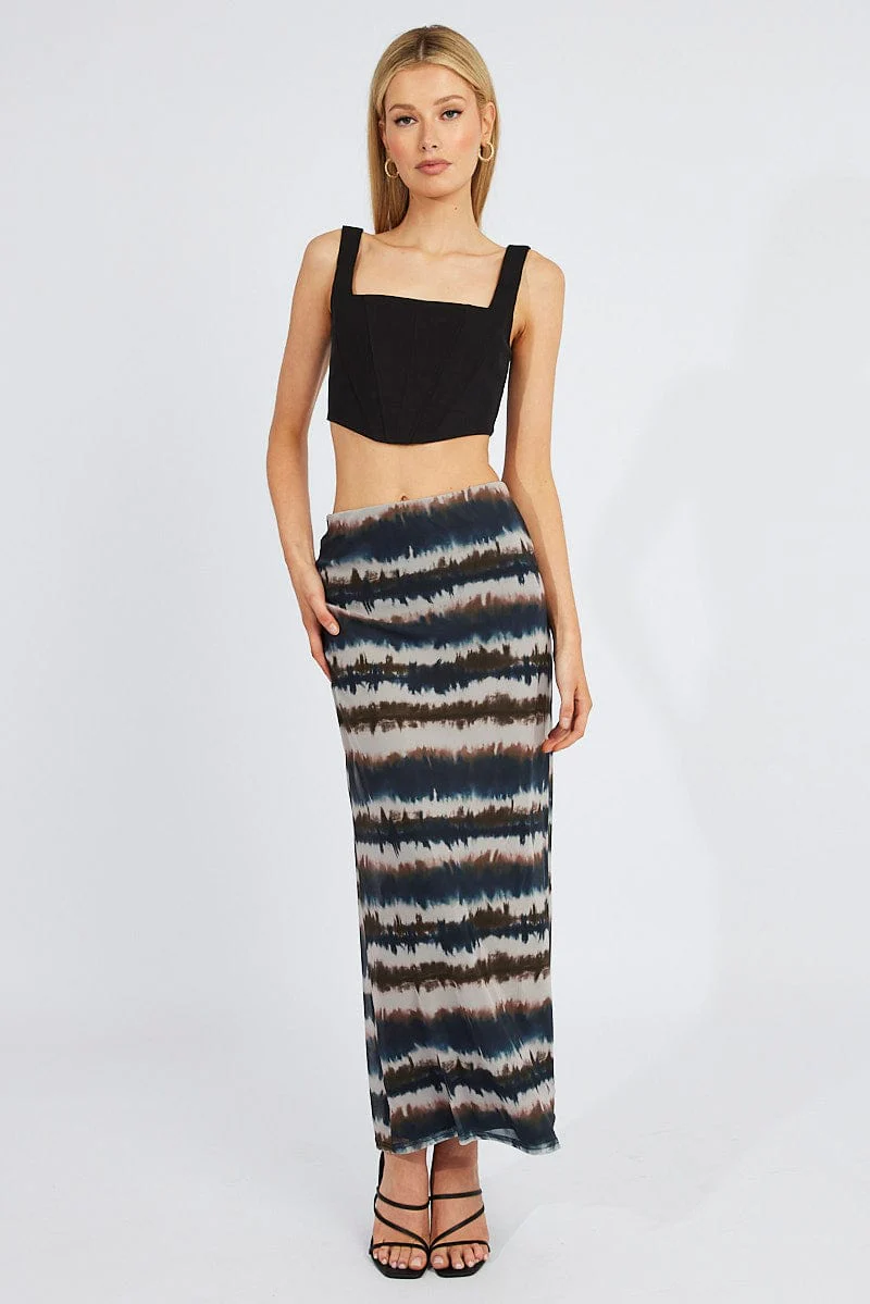 Brown Abstract Maxi Skirt High Rise Mesh