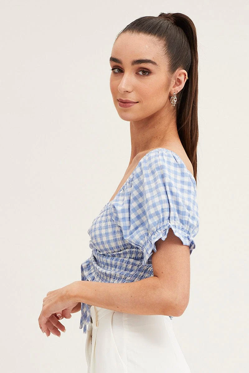 Check Crop Top Short Sleeve Sweetheart Ruched Front