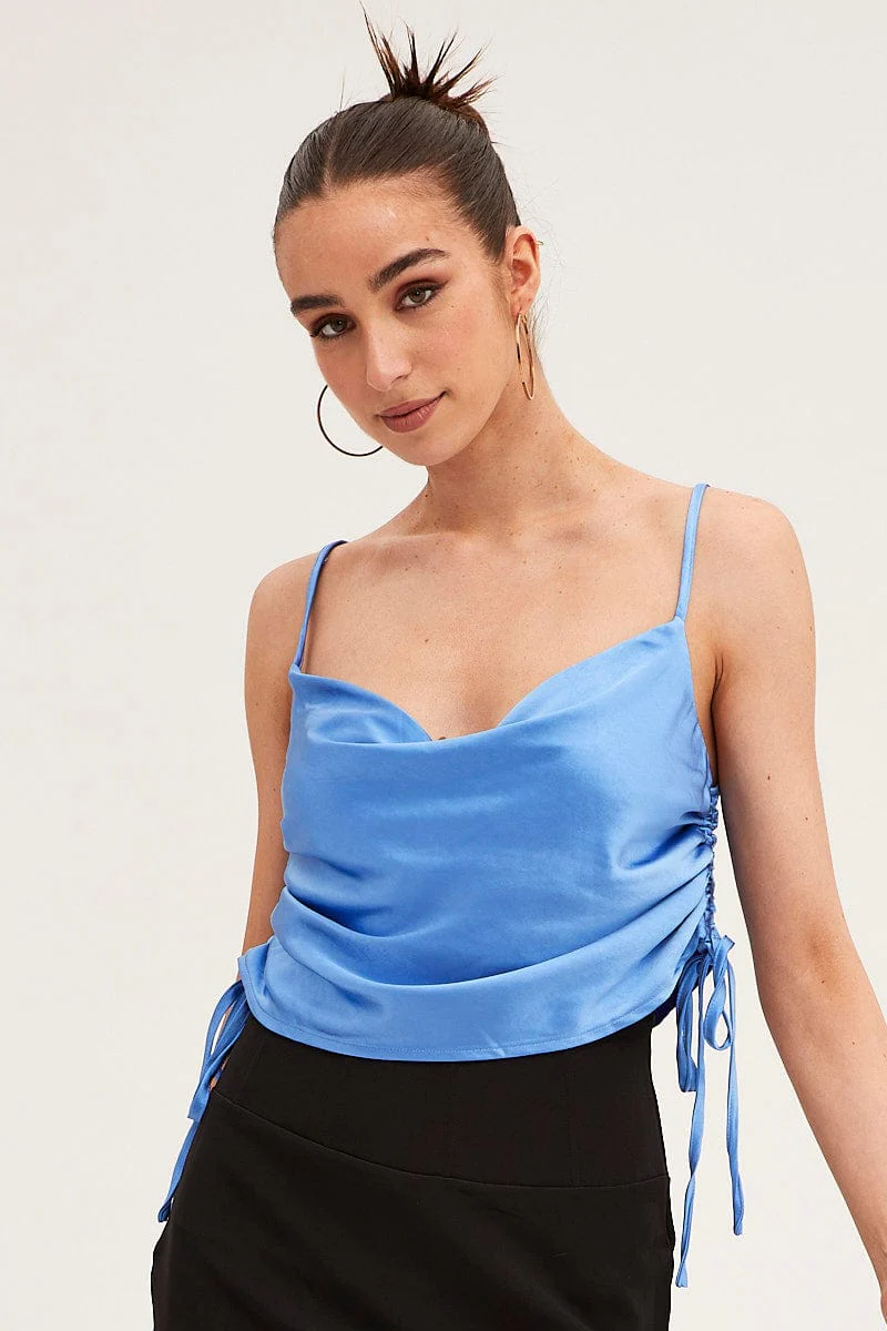 Blue Ruched Cami Top Sleeveless Cowl Neck