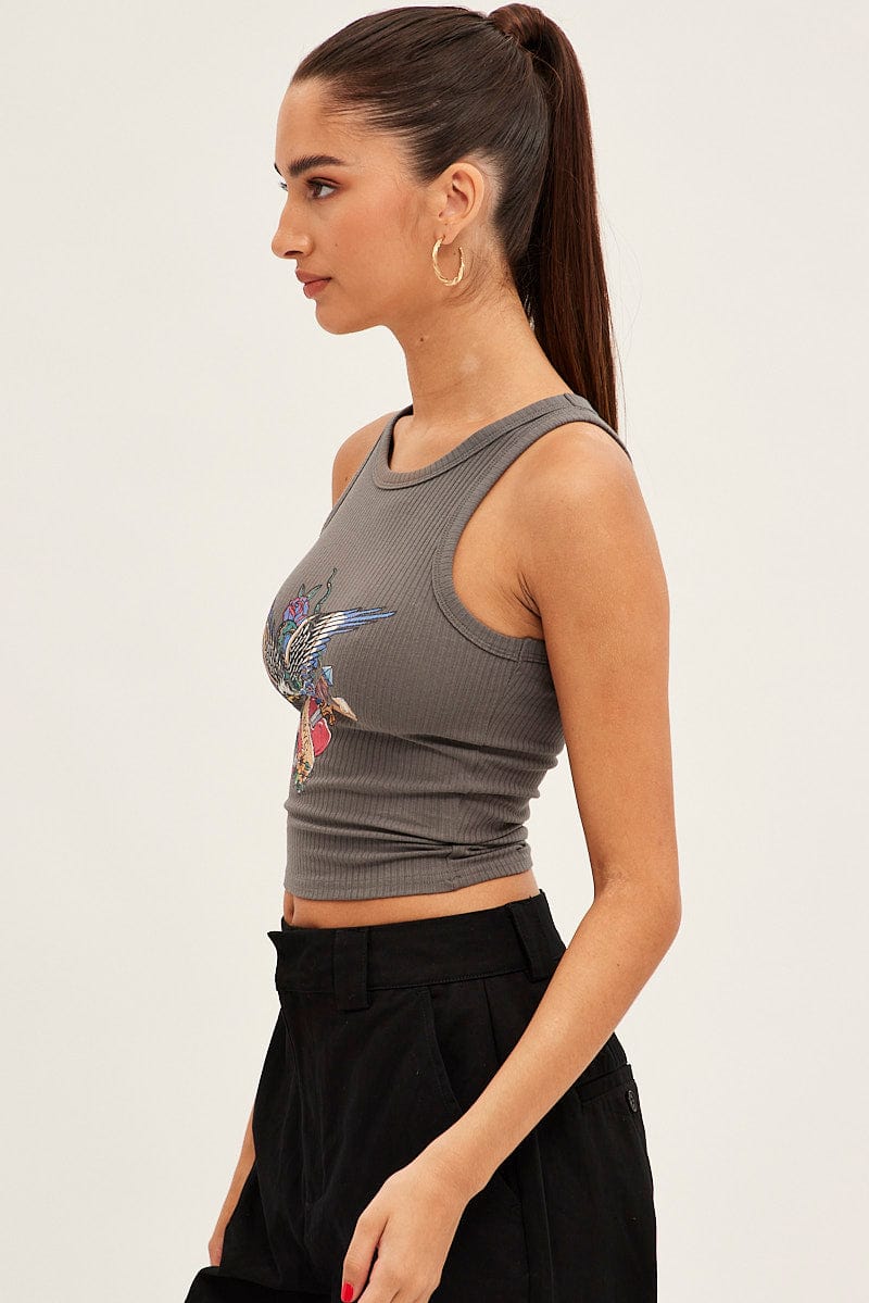Grey Tank Sleeveless Crew Neck Rib Eagle Graphic