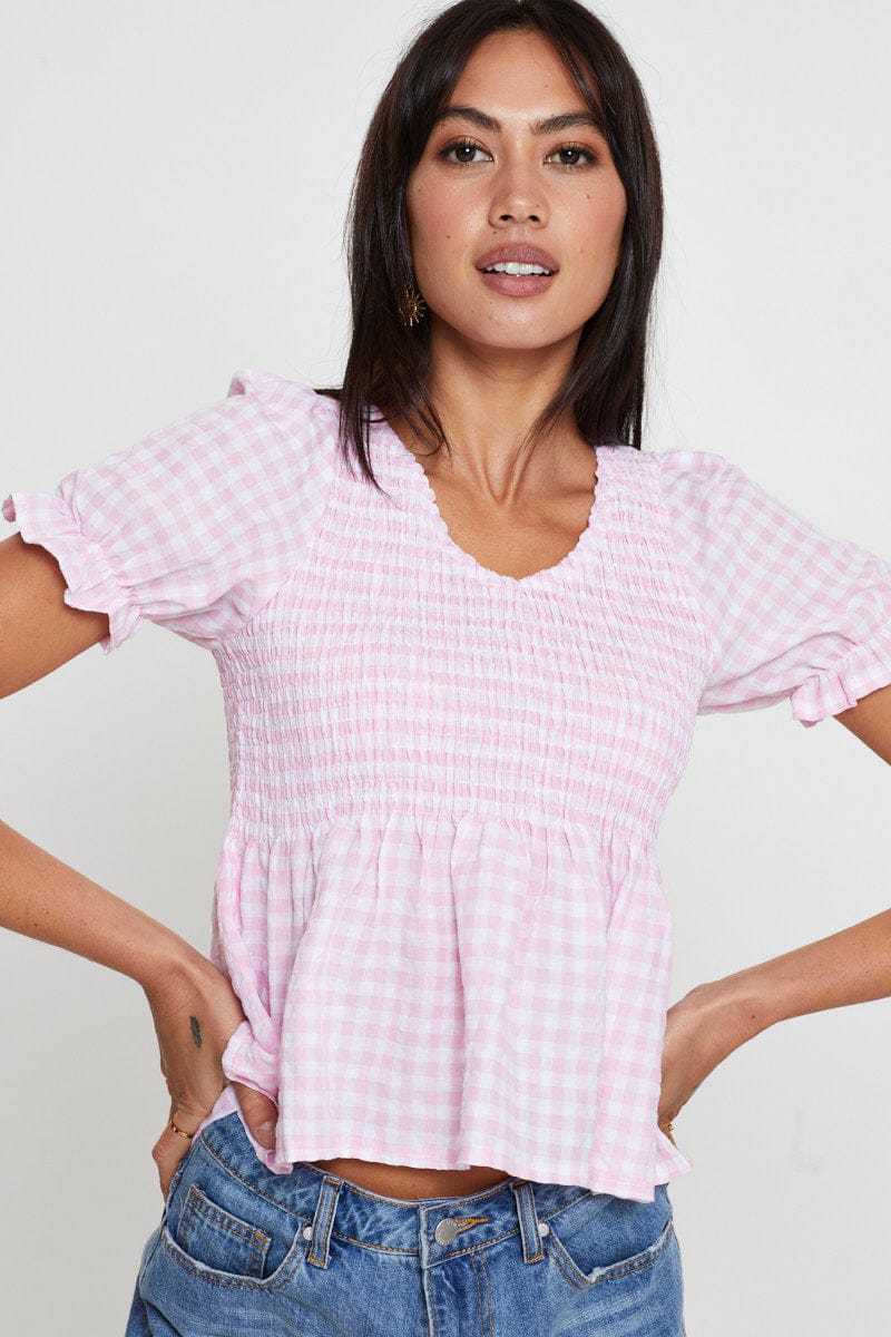 Check Puff Sleeve Top Short Sleeve