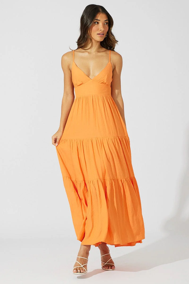 Orange Maxi Dress Tiered Sleeveless